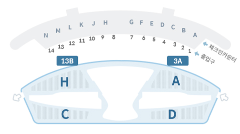 제1 여객터미널 지상1층 A~N 체크인카운터 1~14출입구 기준 13B와 3A 방면 단기주차장 H, A, C, D 주차구역