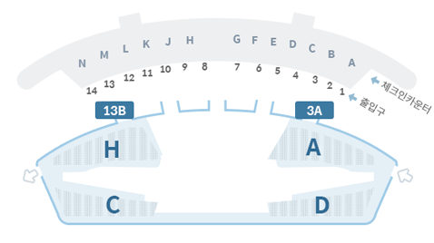 제1 여객터미널 지하1층 A~N 체크인카운터 1~14출입구 기준 13B와 3A 방면 단기주차장 H, A, C, D 주차구역