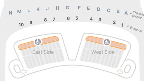 제2 여객터미널 지상4층 A~H체크인 카운터 1~6출입구 기준  단기주차장 동편, 서편 주차 구역