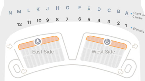 제2 여객터미널 지상3층 A~H체크인 카운터 1~6출입구 기준  단기주차장 동편, 서편 주차 구역