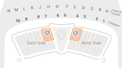 제2 여객터미널 지상1층 A~H체크인 카운터 1~6출입구 기준  단기주차장 동편, 서편 주차 구역