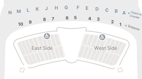 제2 여객터미널 M층 A~H체크인 카운터 1~6출입구 기준 단기주차장 동편, 서편 주차 구역