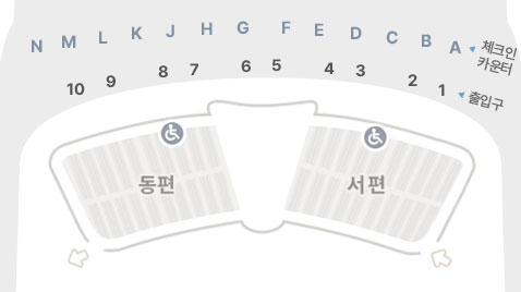 제2 여객터미널 M층 A~H체크인 카운터 1~6출입구 기준 단기주차장 동편, 서편 주차 구역