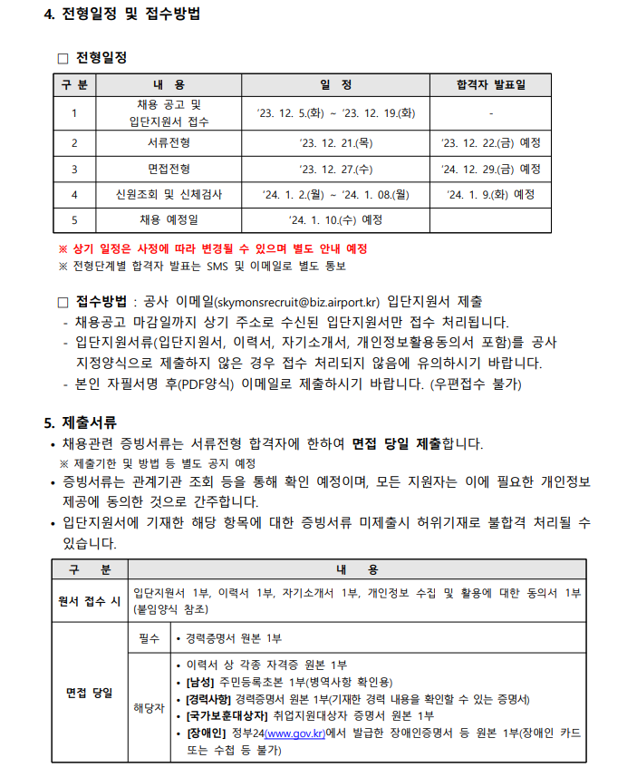 4. 전형일정 및 접수방법 □ 전형일정 구분, 내용, 일정, 합격자 발표일 1. 채용 공고 및 입단지원서 접수 `23.12.5.(화)~`23.12.19(화) - 2. 서류전형 `23.12.21.(목) `23.12.22.(금) 예정 3. 면접전형 `23.12.27.(수) `24.12.29.(금) 예정 4. 신원조회 및 신체검사 `24.1.2.(월)~`24.1.08.(월) `24.1.9.(화) 예정 5. 채용 예정일 `24.1.10.(수) 예정 ※ 상기 일정은 사정에 따라 변경될 수 있으며 별도 안내 예정 ※ 전형단계별 합격자 발표는 SMS 및 이메일로 별도 통보  □ 접수방법 : 공사 이메일 (skmonsrecuit@biz.airport.kr) 입단지원서 제출 - 채용공고 마감일까지 상기 주소로 수신된 입단지원서만 접수 처리됩니다. - 입단지원서류(입단지원서, 이력서, 자기소개서, 개인정보활용동의서 포함)를 공사 지정양식으로 제출하지 않은 경우 접수 처리되지 않음에 유의하시기 바랍니다. - 본인 자필서명 후 (PDF양식) 이메일로 제출하시기 바랍니다. (우편접수 불가)  5. 제출서류 · 채용관련 증빙서류는 서류전형 합격자에 한하여 면접 당일 제출합니다. ※ 제출기한 및 방법 등 별도 공지 예정 · 증빙서류는 관계기관 조회 등을 통해 확인 예정이며, 모든 지원자는 이에 필요한 개인정보 제공에 동의한 것으로 간주합니다. · 입단지원서에 기재한 해당 항목에 대한 증빙서류 미제출시 허위기재로 불합격 처리될 수 있습니다.  구분 내용 원서 접수시 입단지원서 1부, 이력서 1부, 자기소개서 1부, 개인정보 수집 및 활용에 대한 동의서 1부 (붙임양식 참조) 면접 당일 필수 · 경력증명서 원본 1부 해당자 · 이력서 상 각종 자격증 원본 1부 · [남성] 주민등록초본 1부(병역사항 확인용) · [경력사항] 경력증명서 원본 1부 (기재한 경력 내용을 확인할 수 있는 증명서) · [국가보훈대상자] 취업지원대상자 증명서 원본 1부 · [장애인] 정부24(www.gov.kr)에서 발급한 장애인증명서 등 원본 1부(장애인 카드 또는 수첩 등 불가)
