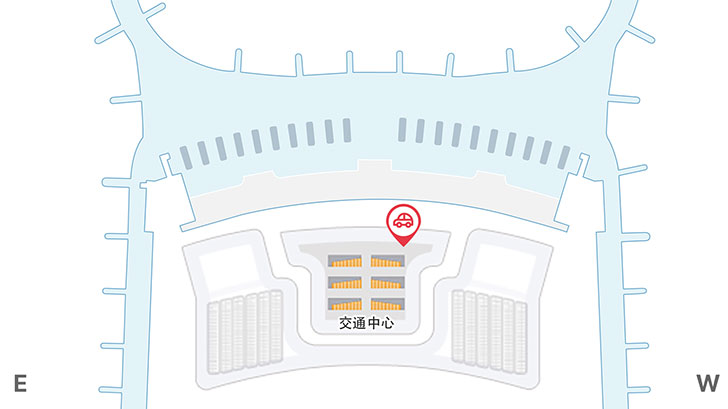 렌터카 위치안내도 : 면세지역, 일반지역, 입국장(A~B)등을 나타내고 있습니다. 제2여객터미널 렌터카 위치는 교통센터 지하 1층 서편입니다.