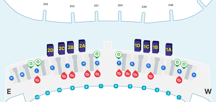 지도를 반으로 나누었을 때  E방향에 253 252 251, 2번의 출국장과 H G F E의 체크인 카운터가 있으며 E 체크인 카운터 방향에 셀프백드랍 한개가 위치해 있다. 또한 8 7 6 5번의 출입구와 셀프체크인이 있으며, W 방향에 250 249 248 247, 1번의 출국장과 D C B A의 체크인 카운터가 있고 D 카운터에 셀프백드랍이 위치하고 있다. 또한 4 3 2 1의 출입구과 셀프체크인이 있다. 