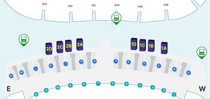 253번게이트 앞과 250번 게이트 앞에 TAX 마크가 있음.
