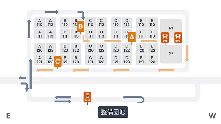 제2여객터미널과 장기주차장 간 무료순환버스 장기주차장 정차장 - 정비단지 / 장기주차장 B(B113), A(D122), 남측 주차타워, 북측 주차타워, C 탑승 