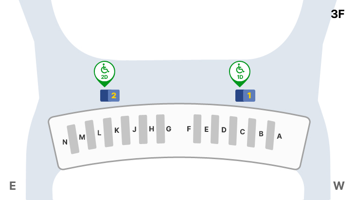 제2여객터미널 교통약자우대출구 위치 안내도 : 면세지역, 일반지역, A-H 체크인카운터, 1~2 출국장 등을 나타내고 있습니다. 제2여객터미널 교통약자우대출구는 3층 1D, 2A 출국장입니다.