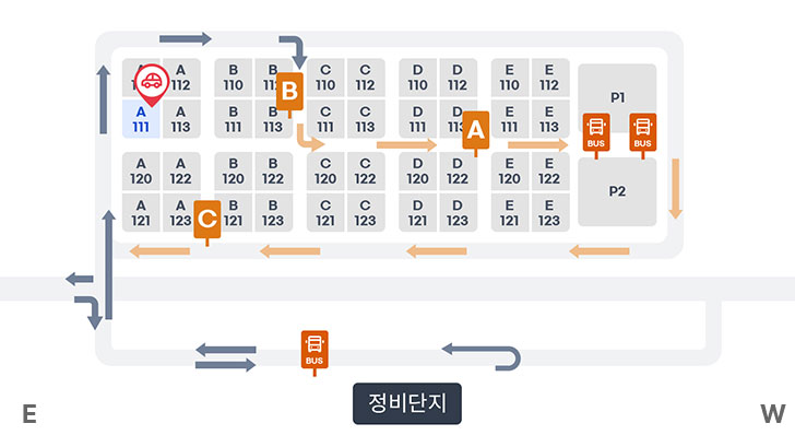 카셰어링 위치안내도 : 제2여객터미널 장기주차장을 나타내고 있습니다. 제2여객터미널 카셰어링 위치는 장기주차장 입구 인근 C120 구역입니다.